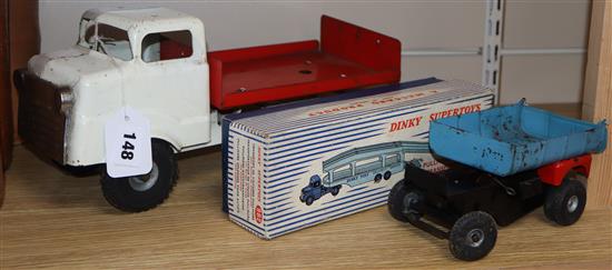 A Dinky Supertoys pullmore car transporter with detachable loading ramp (982) together with two tin plate vehicles